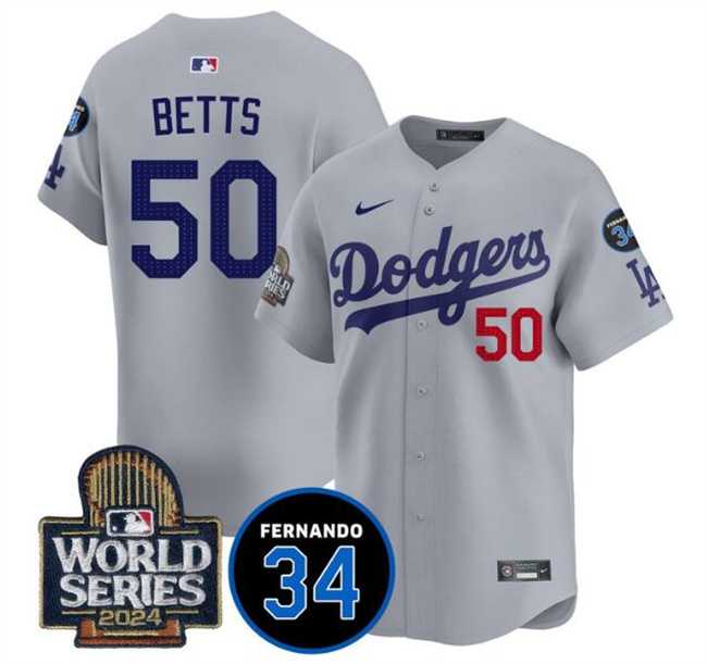 Men%27s Los Angeles Dodgers #50 Mookie Betts Grey 2024 World Series With Fernando Memorial Patch Limited Stitched Jersey Dzhi
